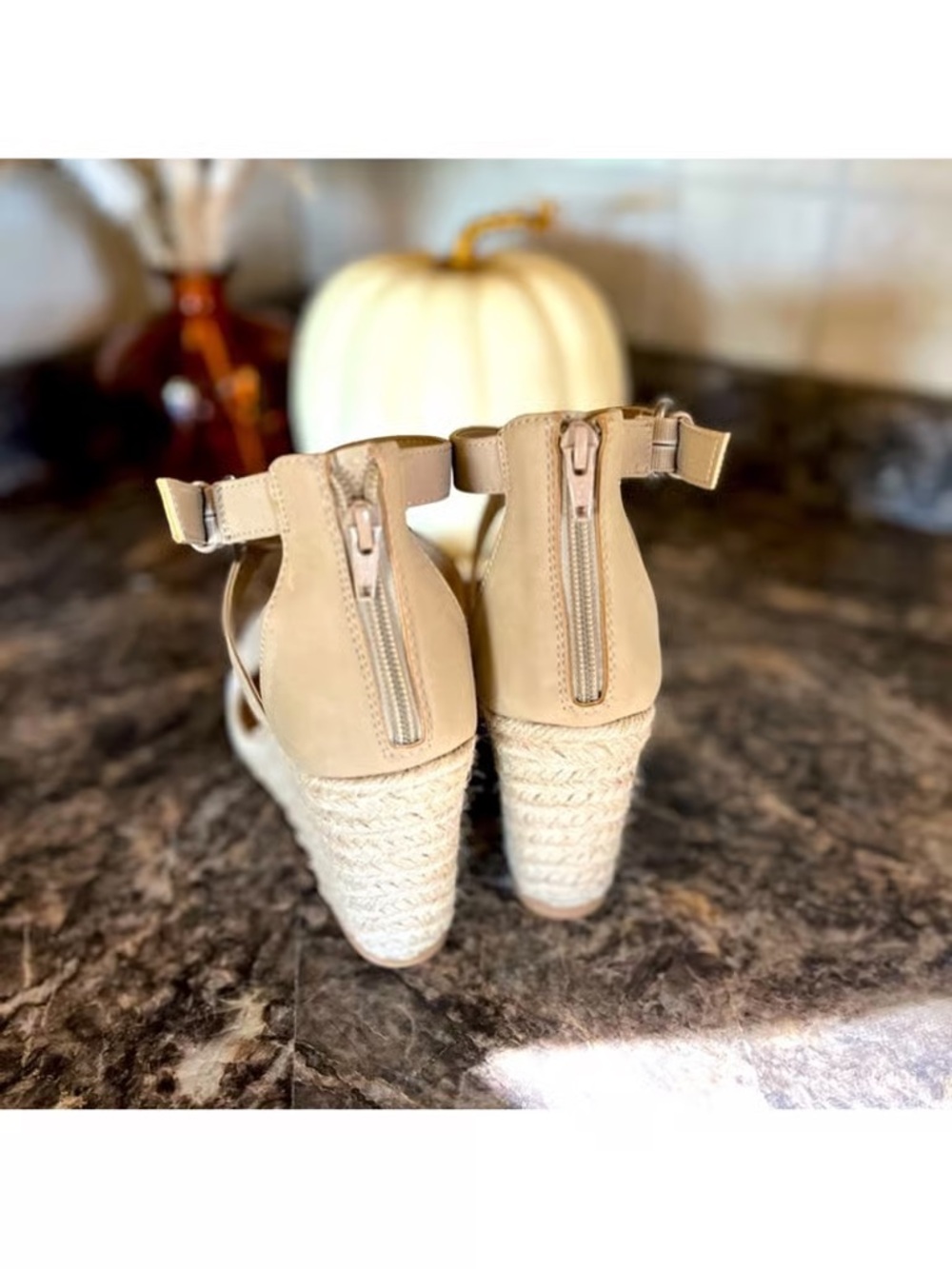 Time and Tru Tan Espadrille Wedge Sandals with Back Zipper